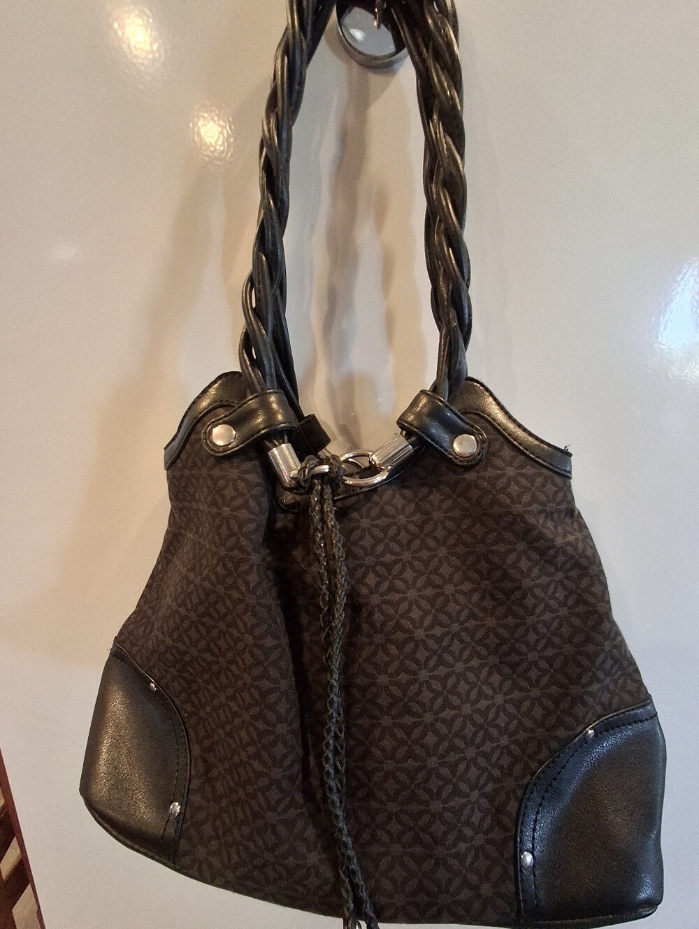 Woven Handle Black Patterned Tote Bag